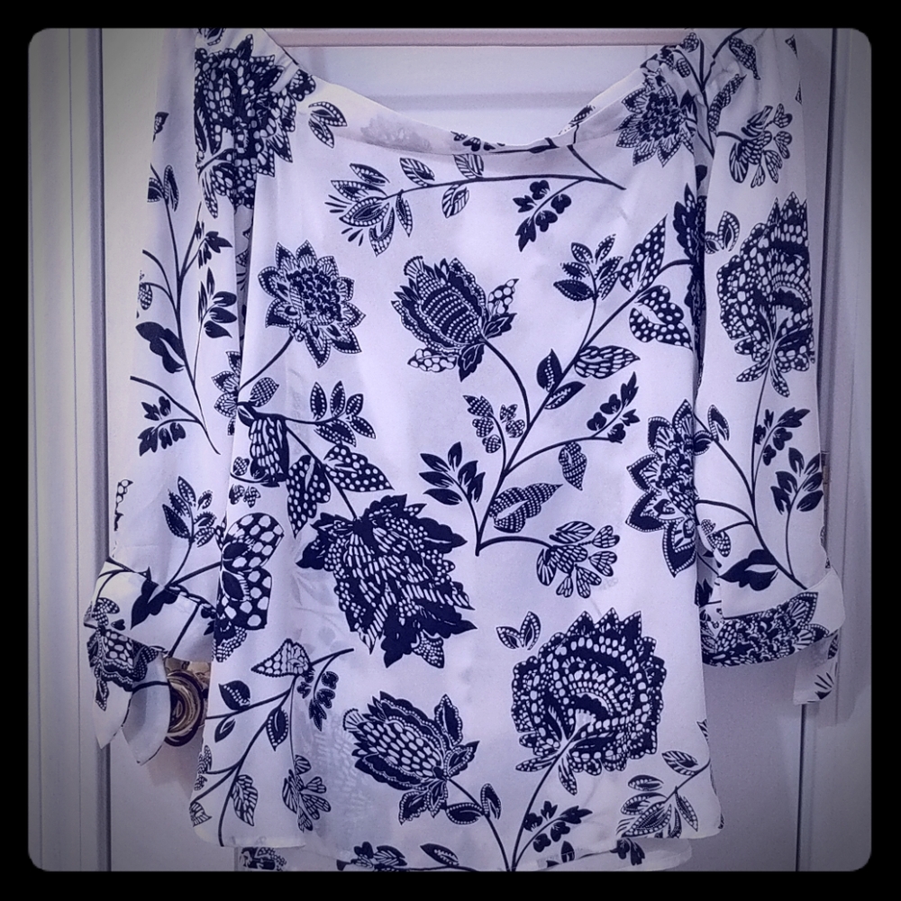 White & Navy Blue Blouse